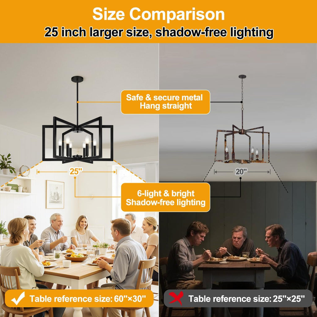 25"-61" Height Adjustable Modern Matte Black Chandelier for Dining Room, No Assembly Required Black Dining Room Light Fixture Over Table, Industrial Metal Pendant Lights Fixture for Kitchen Island