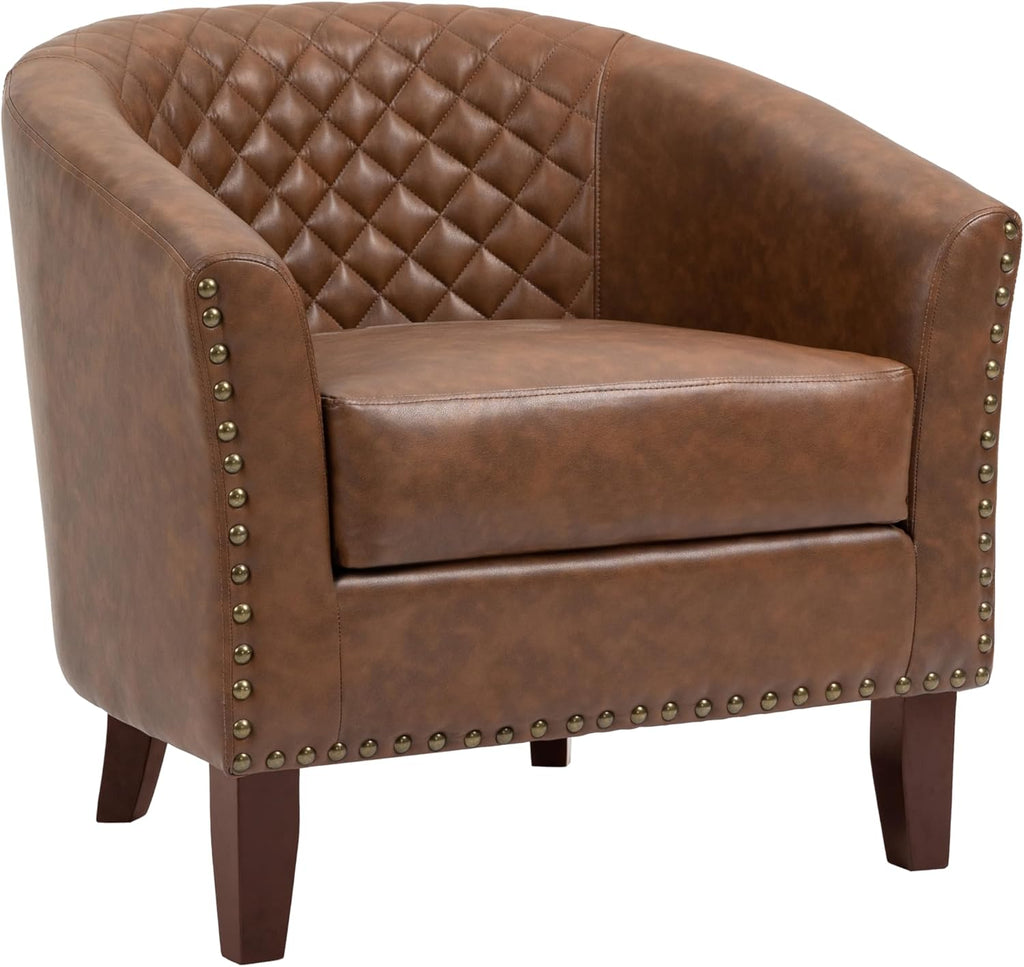 PU Leather Barrel Accent Chairs Set of 2, Modern Upholstered Armchair Round Club Chair for Living Room, Comfy Nailed Trim Arm Chair Bedroom Side Reading Seat - Brown