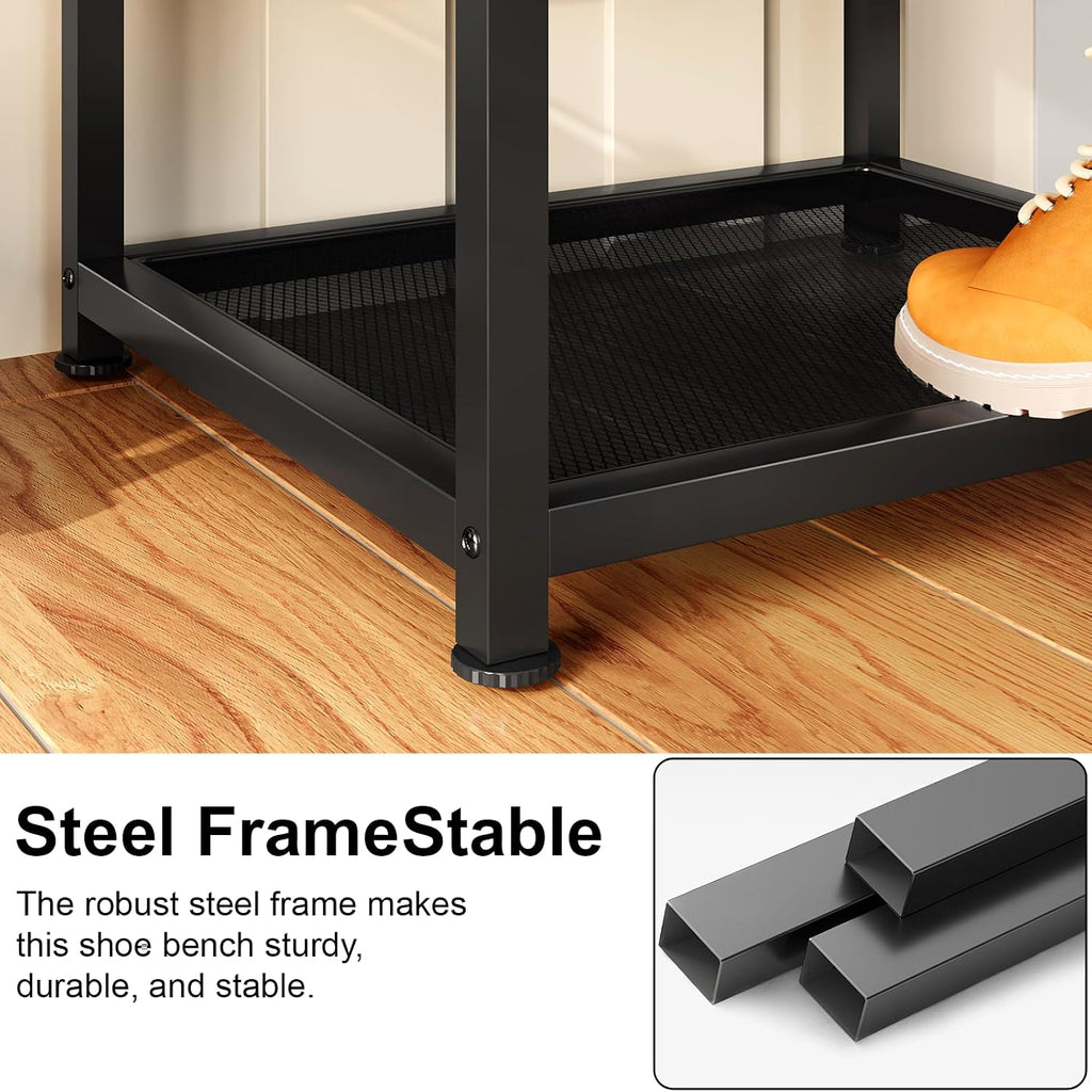 Small Shoe Storage Bench with PU Leather Seat Cushion, 3-Tier Freestanding Shoe Rack Organizer for Entryway, Heavy-Duty Metal Mesh Shelves, Supports Up to 300 lbs, Black (15.7"x11.4"x17.5")