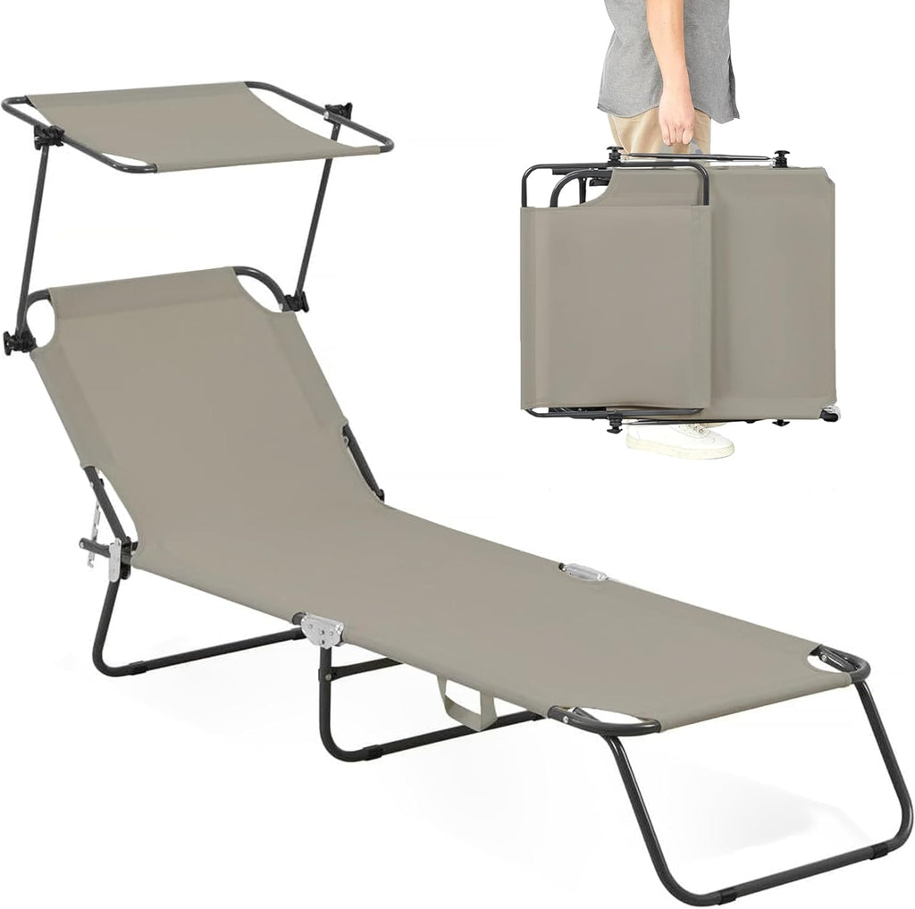 Folding Outdoor Lounge Chair with Canopy - Portable & Adjustable Beach Lounge Chair - 5-Positions, Carry Handles, 600D Fabric, 220 lbs Capacity – Tanning Chaise Lounge for Beach, Patio (1, Beige)