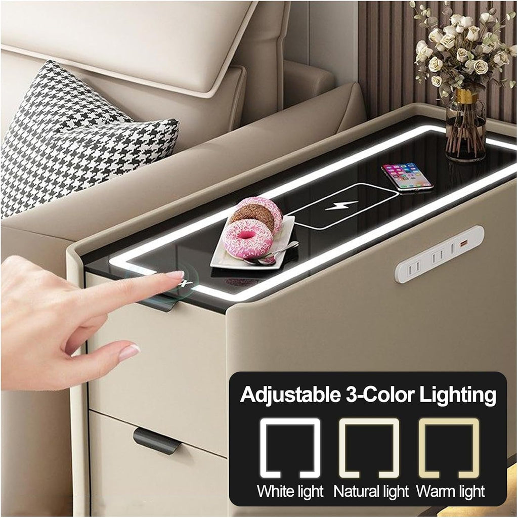 Smart Sofa Side Table with USB Charging Ports, 2 Drawers Storage, Tempered Glass Top, Modern Bedside Nightstand for Bedroom Living Room(Green,90x40cm/31.5x15.7in)