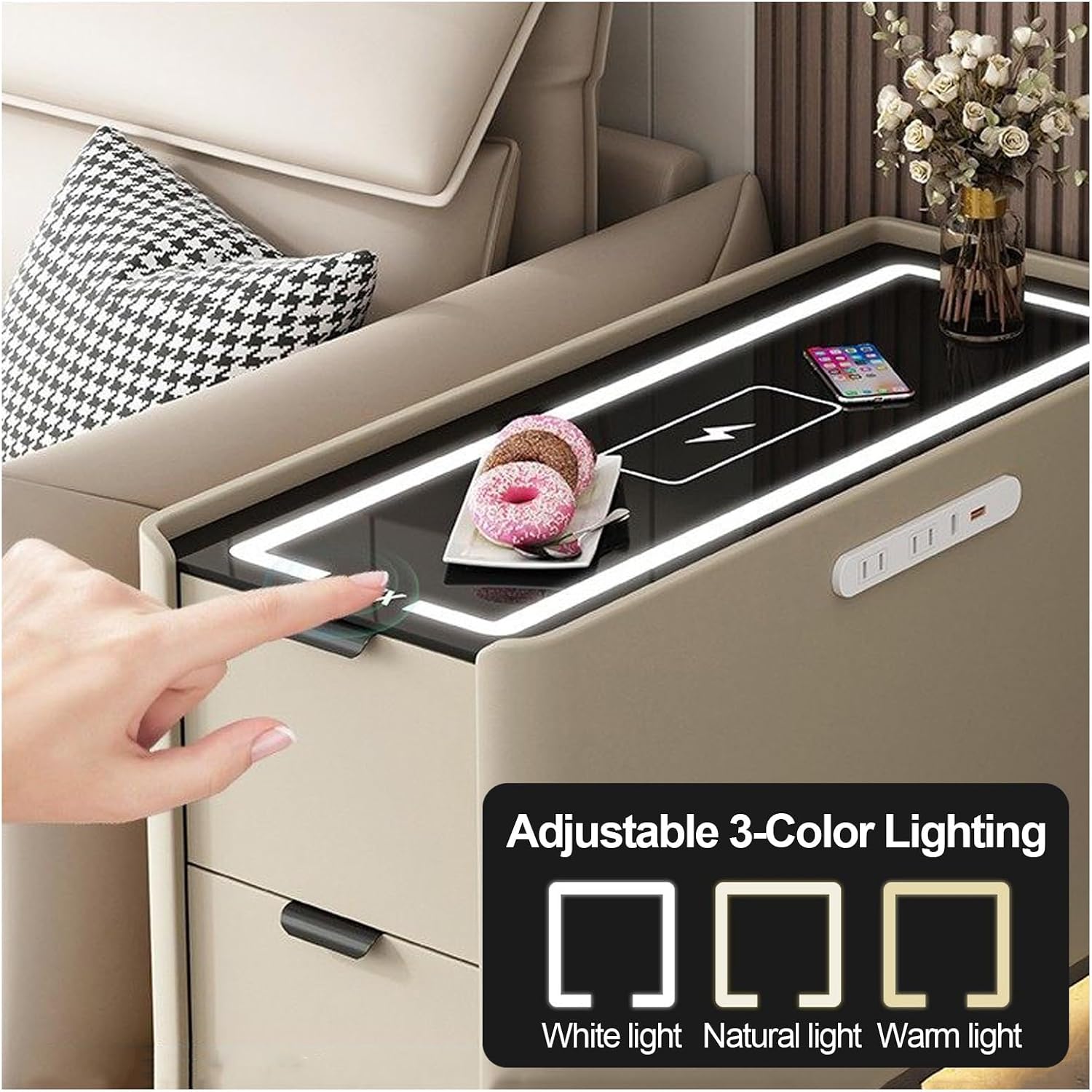 Smart Sofa Side Table with USB Charging Ports, 2 Drawers Storage, Tempered Glass Top, Modern Bedside Nightstand for Bedroom Living Room(Green,90x40cm/31.5x15.7in)