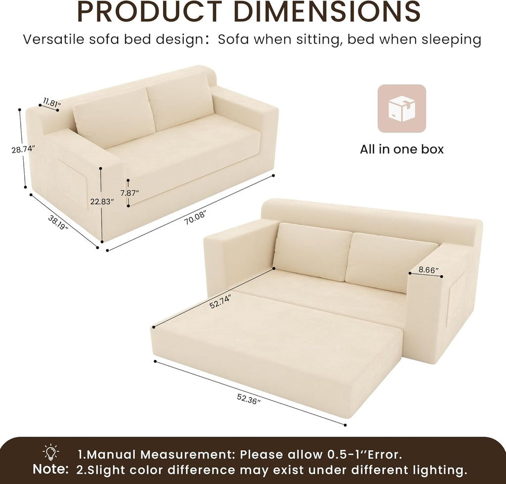GRUSIGN 71" Boneless Loveseat Couch,Chenille Pullout Futon Couch,4 in 1 Folding 3 Seater Sofa Bed for Living Room,Boneless Cloud Couch with Storage Pocket & 2 Pillows,Beige