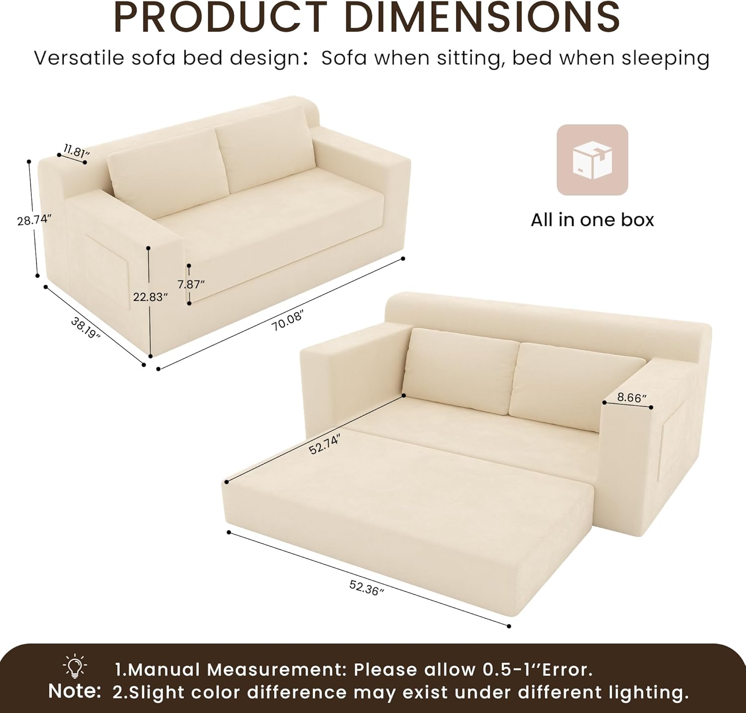 GRUSIGN 71" Boneless Loveseat Couch,Chenille Pullout Futon Couch,4 in 1 Folding 3 Seater Sofa Bed for Living Room,Boneless Cloud Couch with Storage Pocket & 2 Pillows,Beige