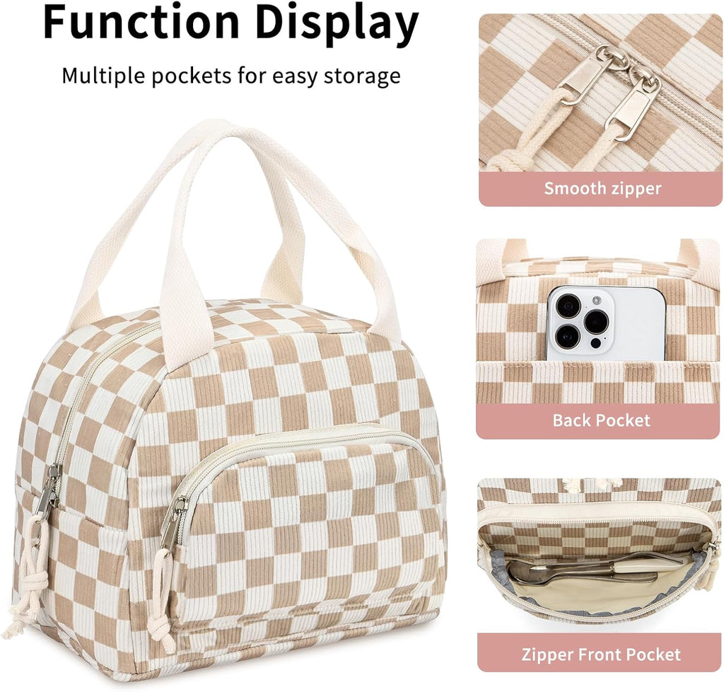 Lunch Bag Women Lunch Box for Women Adult Cute Insulated Lunch Bag Small Cooler Lunch Tote Bags for Work Picnic Travel (Beige-Brown Plaid)