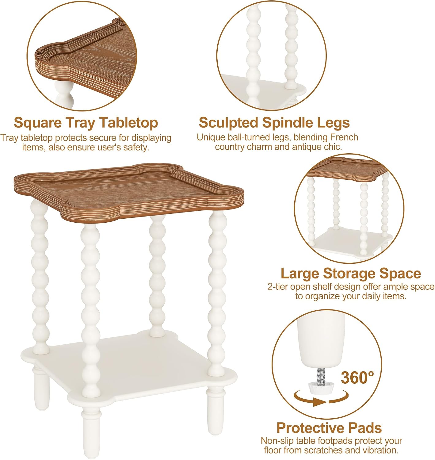Function Home Square Side Table, 2 Tier Farmhouse End Table with Open Shelf, 17.7" French Country Nightstand for Living Room Bedroom Small Space, Handcraft Natural Tray Top & Vintage White Spindle Leg