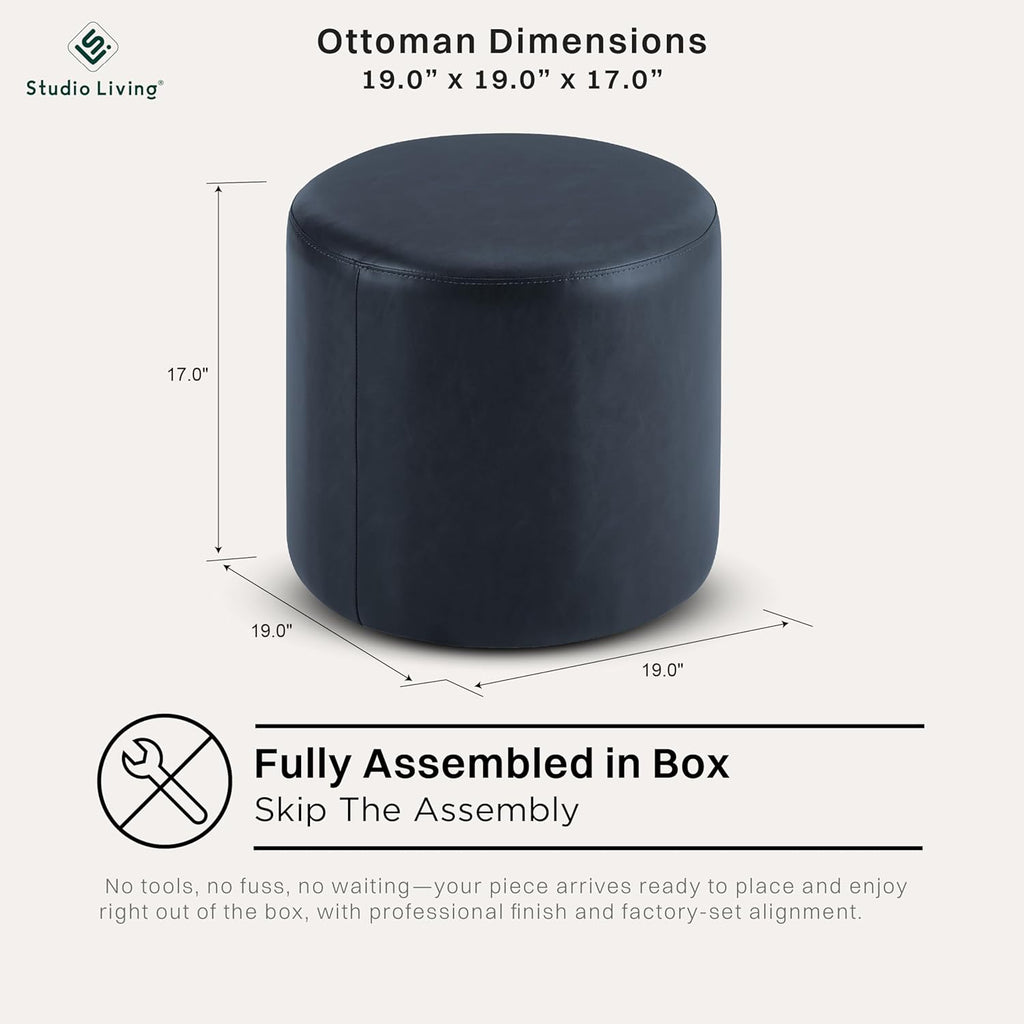 Studio Living® 19” Wentworth Ottoman Round Faux Leather Bench, Stationary Ottomans, Backless Chair, Footrest for Living Room, Footstool Office, Bedroom, Padded Seat, Navy Blue