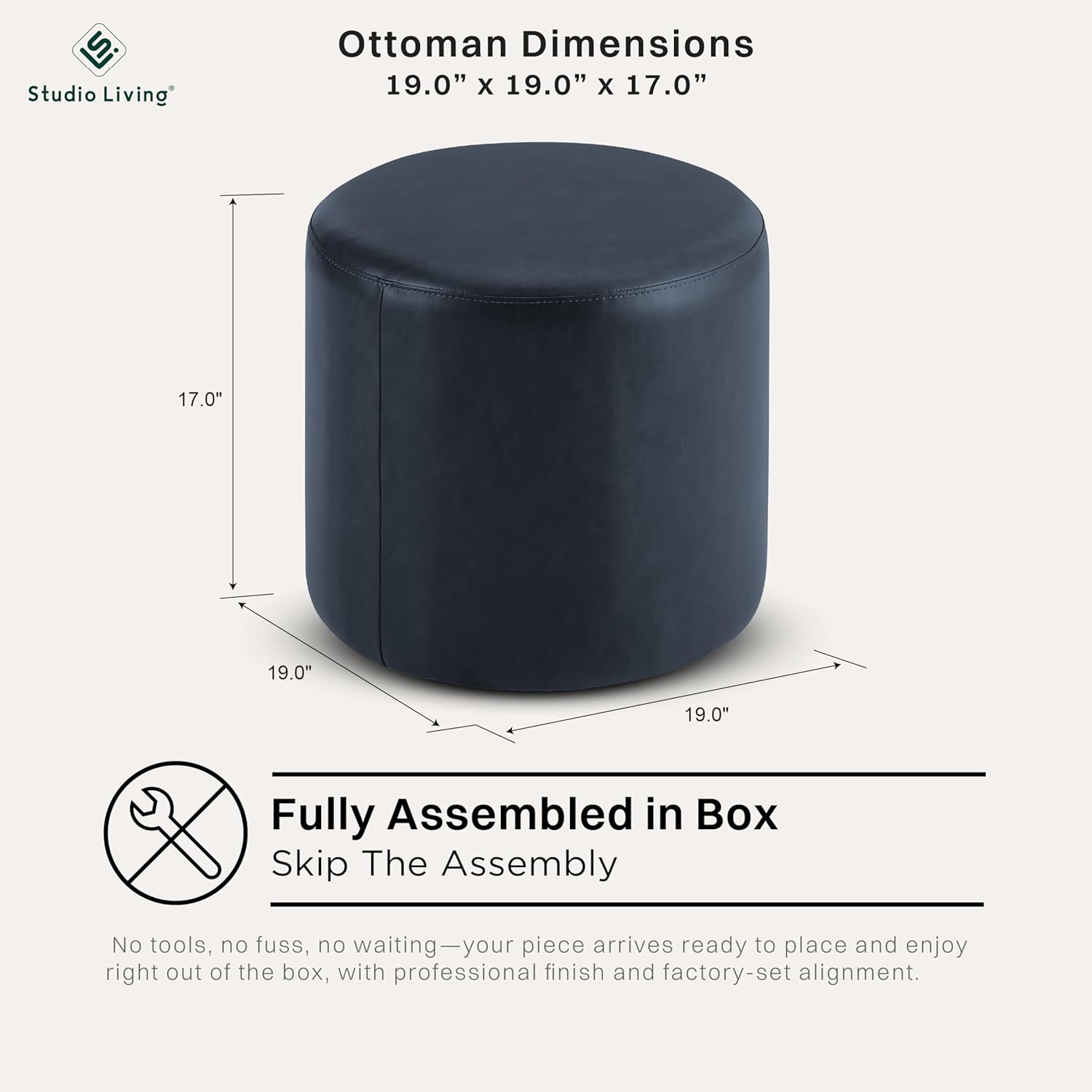 Studio Living® 19” Wentworth Ottoman Round Faux Leather Bench, Stationary Ottomans, Backless Chair, Footrest for Living Room, Footstool Office, Bedroom, Padded Seat, Navy Blue