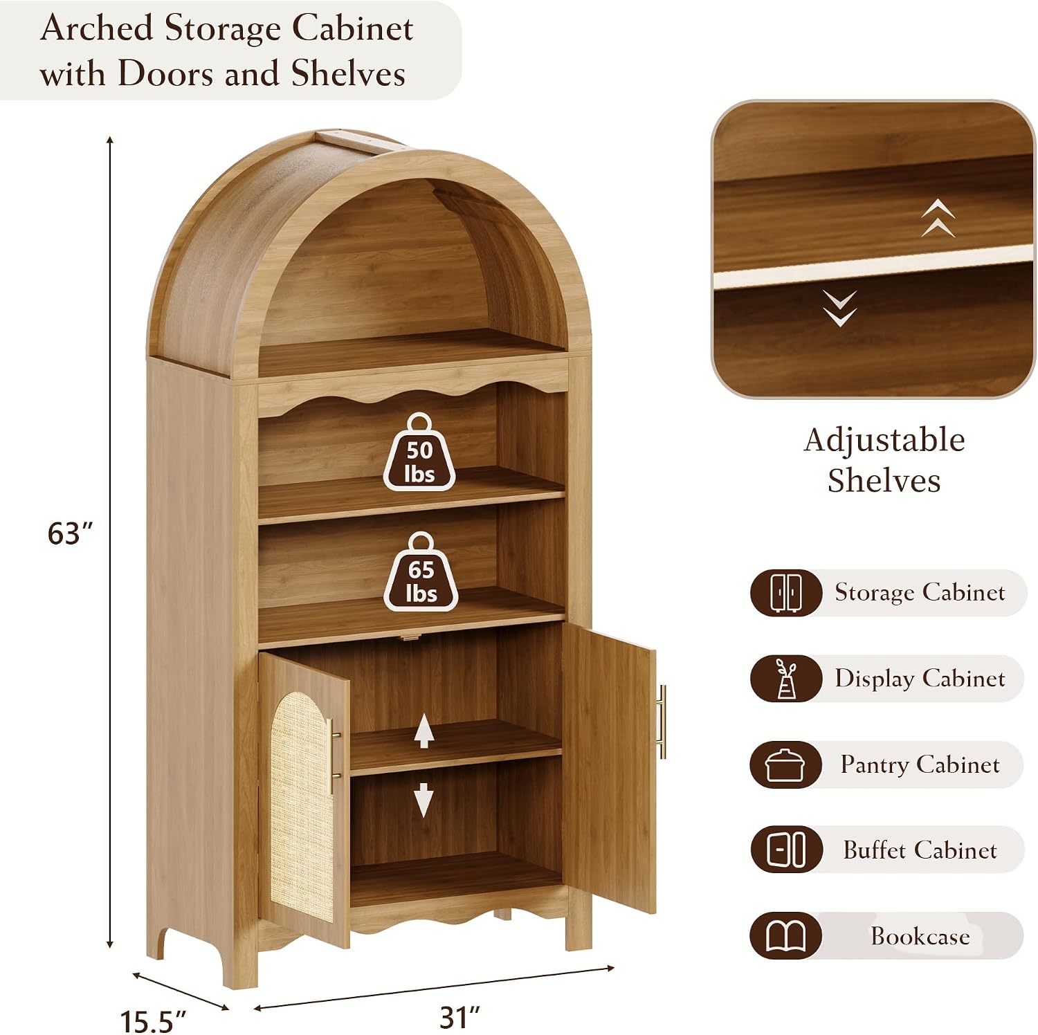 LINLUX 63" Arched Kitchen Pantry Cabinet, Arched Cabinet with Rattan Doors & Adjustable Shelves, Versatile Cupboard Arch Cabinets for Kitchen Storage, Dinning Room, Living Room, Entryway, Natural