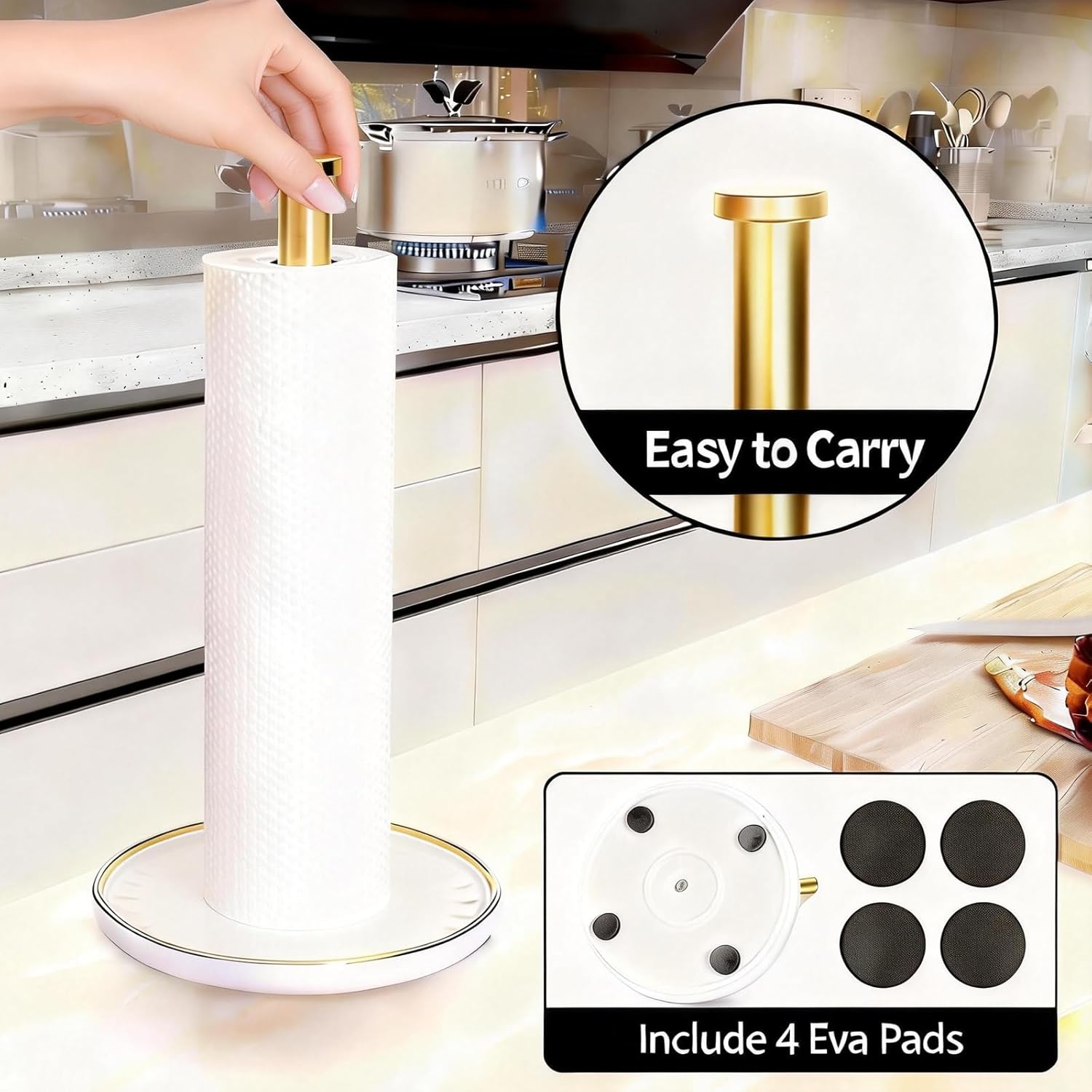 Paper Towel Holder Countertop,Kitchen Paper Towels Holder with Weighted Ceramic Base, Golden Paper Towel Holders for Standard and Large Size Rolls