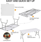 8ft Folding Table Heavy Duty Foldable Table Lightweight Plastic Table with Reinforced Legs for Indoor Outdoor Use Perfect Portable Folding Tables for Parties, BBQs, Weddings, Camping White