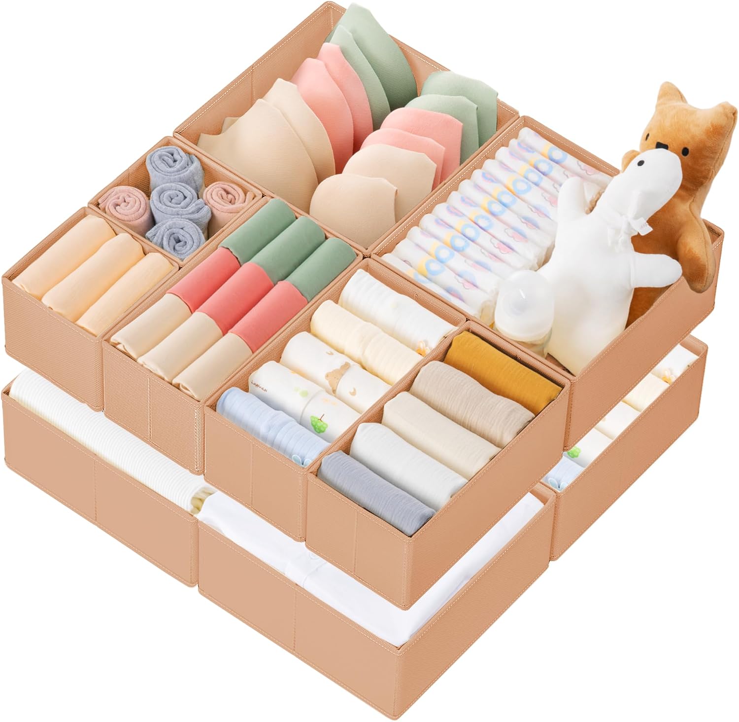 Criusia Drawer Organizer Clothes, 10 Pack Dresser Organizer for Baby Clothes, Underwear, Sock- Foldable Closet Organization and Storage Dividers Bins for Nursery, Bedroom (Brown)