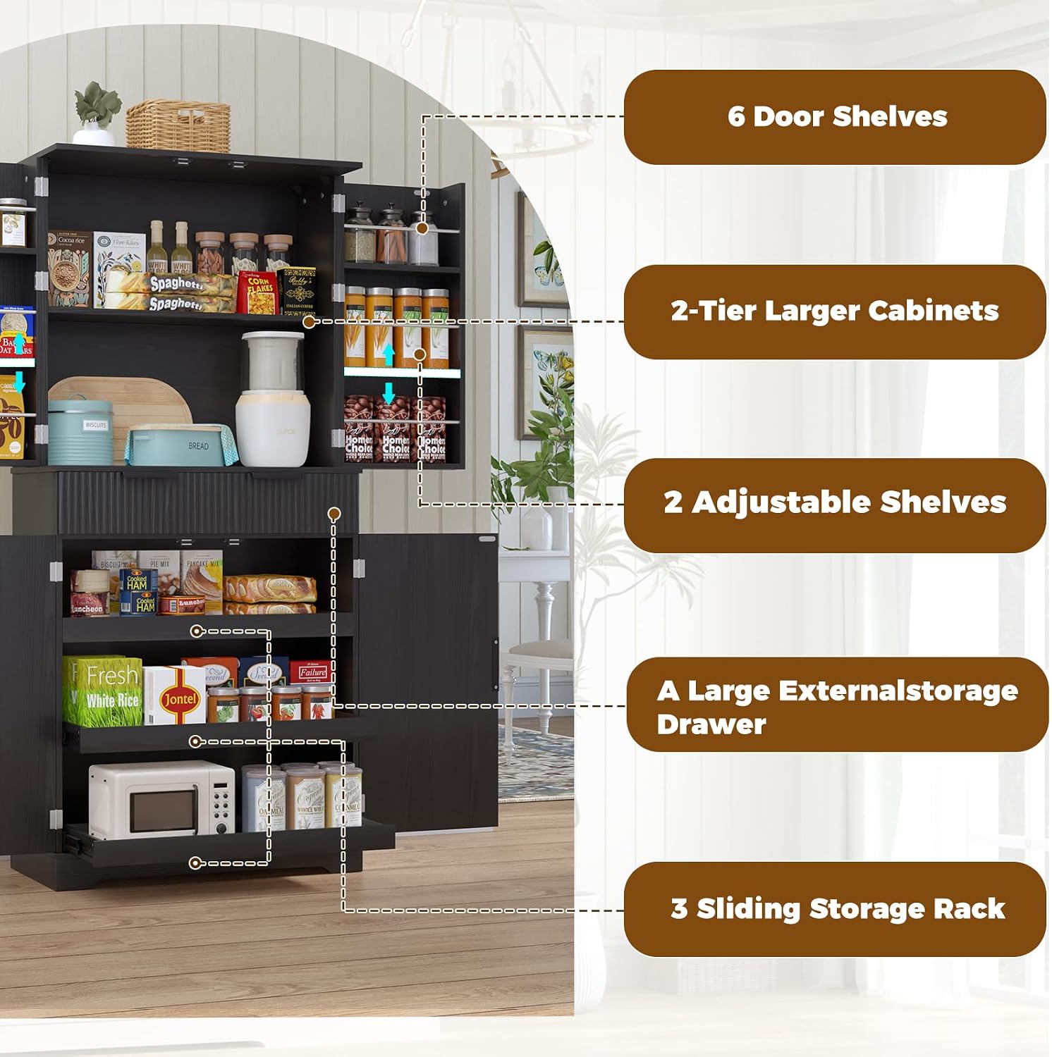 72” Kitchen Pantry Cabinet, Fluted Kitchen Cupboard with Doors and Large Drawer,Tall Storage Cabinet with Adjustable Shelves for Dining Room, Bathroom,Living Room(Black)