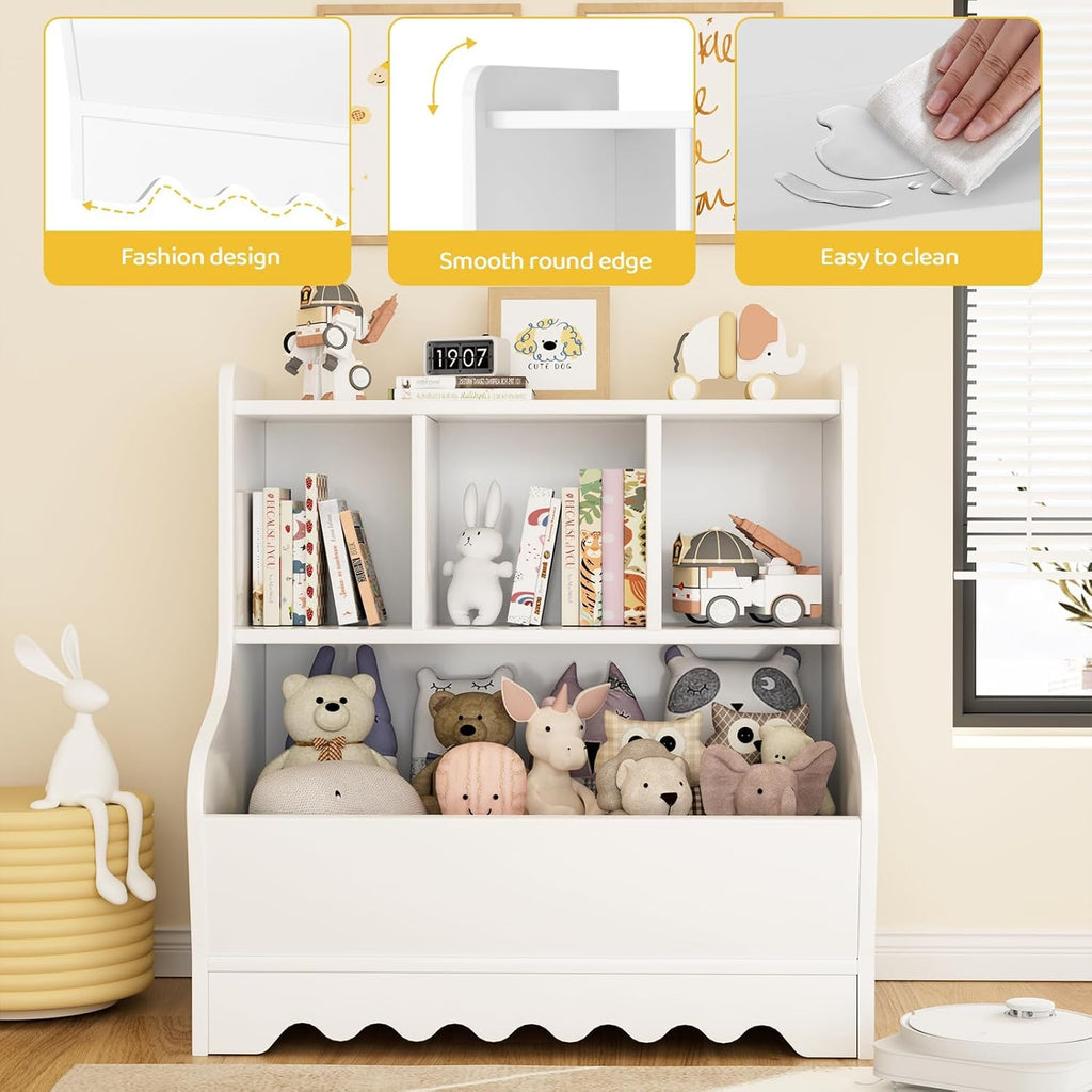 Marcytop Kids Toy Storage Organizer, Wooden 4 Cubby Children Book Toy Shelf, Toddler Baby Bookshelf with Storage, Montessori Kids Bookshelf and Toy Storage for Kids Rooms Playroom Organization