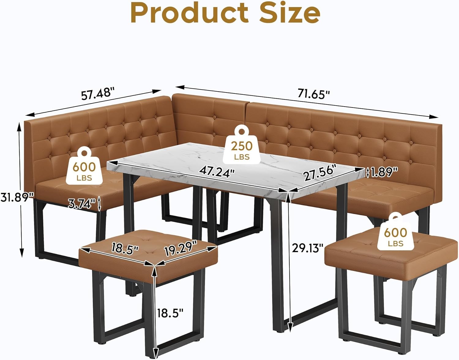 Yechen 72" Corner Breakfast Nook Table Set with Storage Bench, L-Shaped Booth Dining Table Set, Kitchen Corner Bench Seating for 6, Space Saving Dining Furniture, Caramel Brown