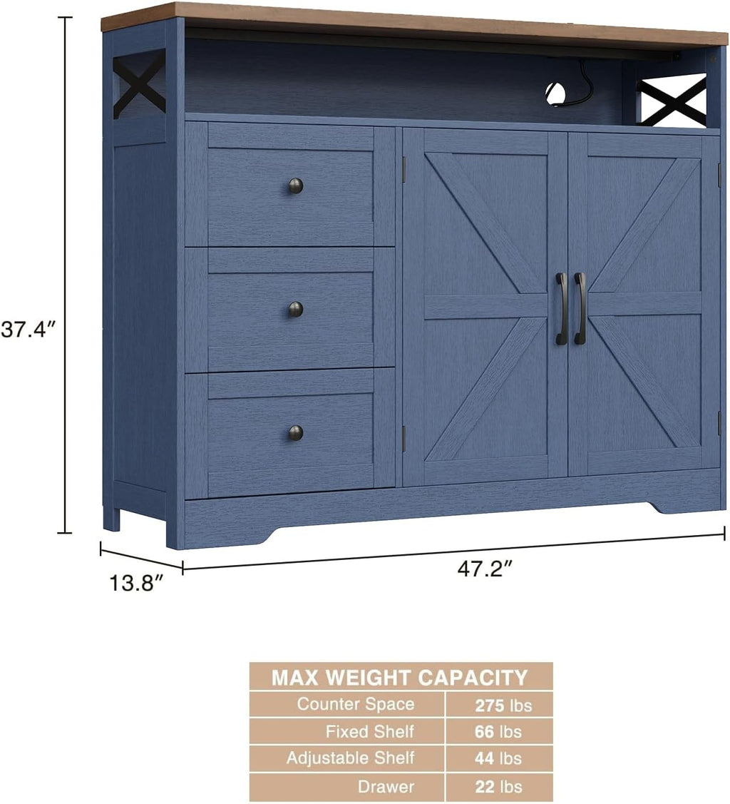 FiveWillowise 47" Blue Farmhouse Storage Cabinet with Barn Doors and Drawers, Sideboard Buffet Cabinet with Storage, Kitchen Pantry Hutch, Coffee Bar Station Table for Kitchen, Living, Dining Room