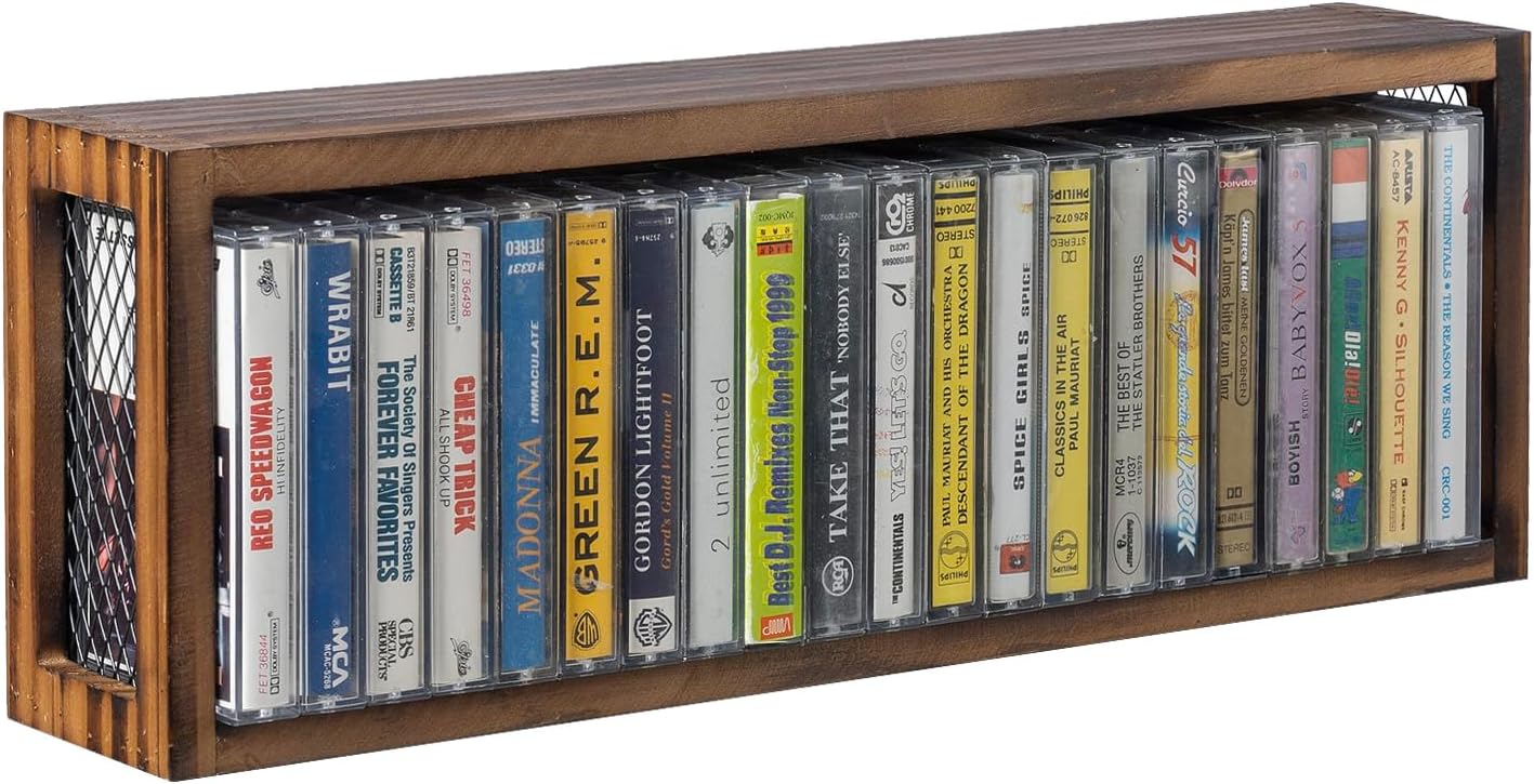 FARM IN Cassette Tape Storage, Farmhouse Style Cassette Rack Towe for Table or Wall Mount, Rustic Solid Burnt Wood & Diamond Metal Wire Mesh