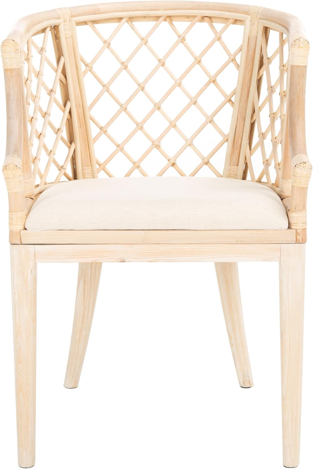 SAFAVIEH Home Collection – Carlotta Natural Rattan Arm Chair with White Cotton Cushion, Coastal Bistro Accent Chair for Dining, Living Room, Bedroom or Office (SEA4013B)