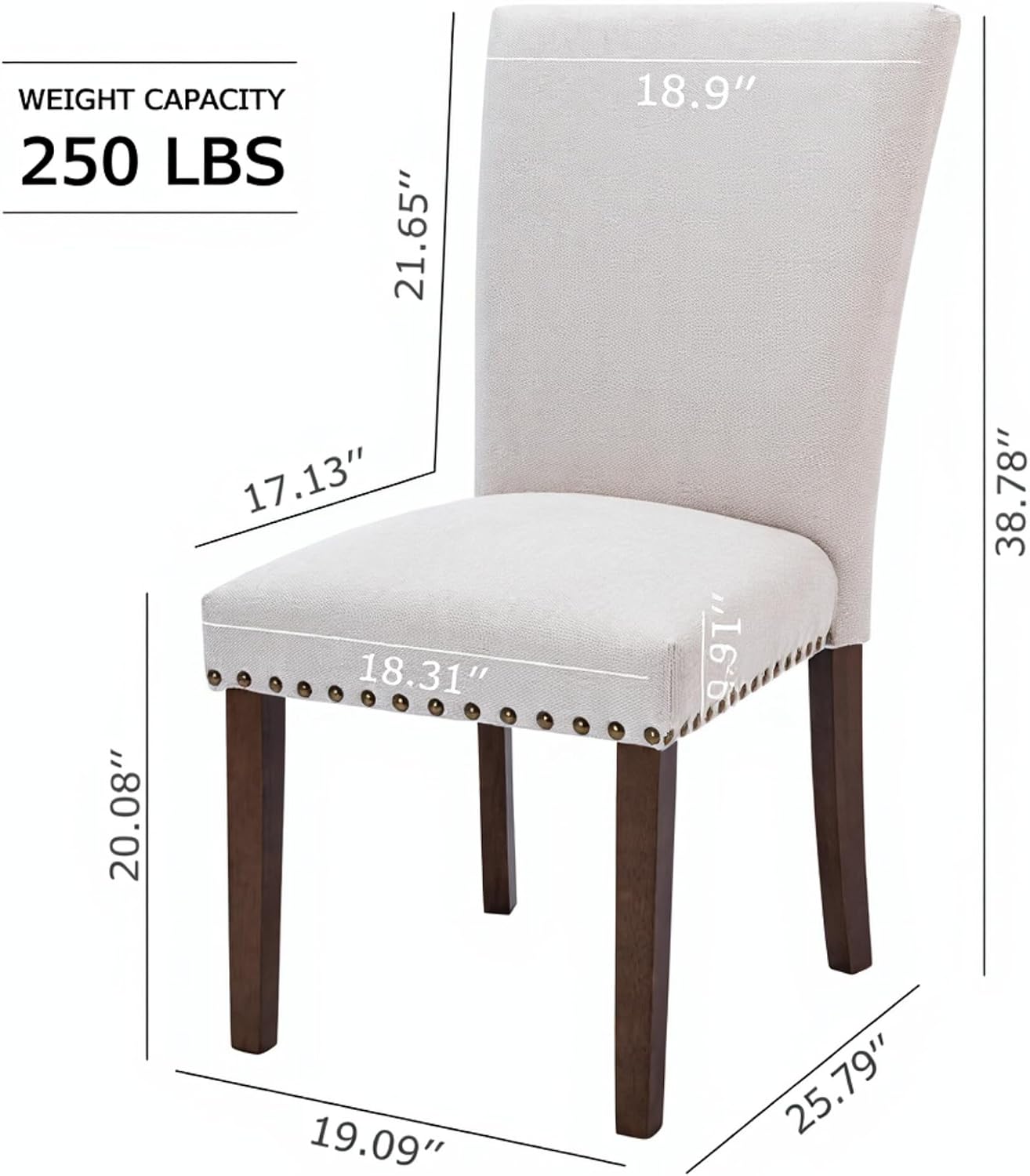 Set of 2 Beige Upholstered Dining Chairs – Farmhouse Kitchen Chairs with High Back, Solid Rubberwood Legs, Padded Foam Seat & Bronze Nailhead Trim, Comfortable Dining Room Chairs for Home, Living Room