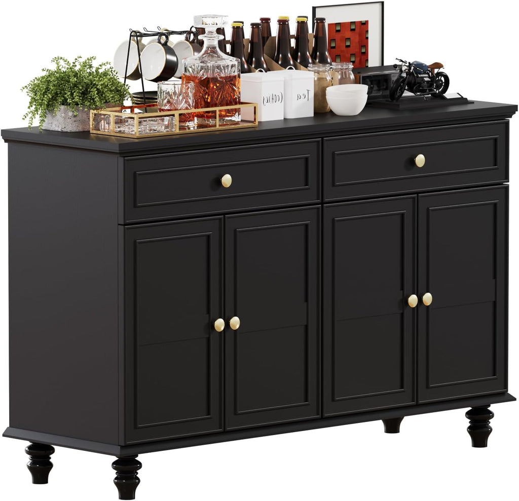 PROXRACER 48" Farmhouse Sideboard Buffet Cabinet with 2 Drawers & 4 Doors, Large Storage Spaces with Adjustable Shelves, Rustic Kitchen Dining Room Cabinet, Black