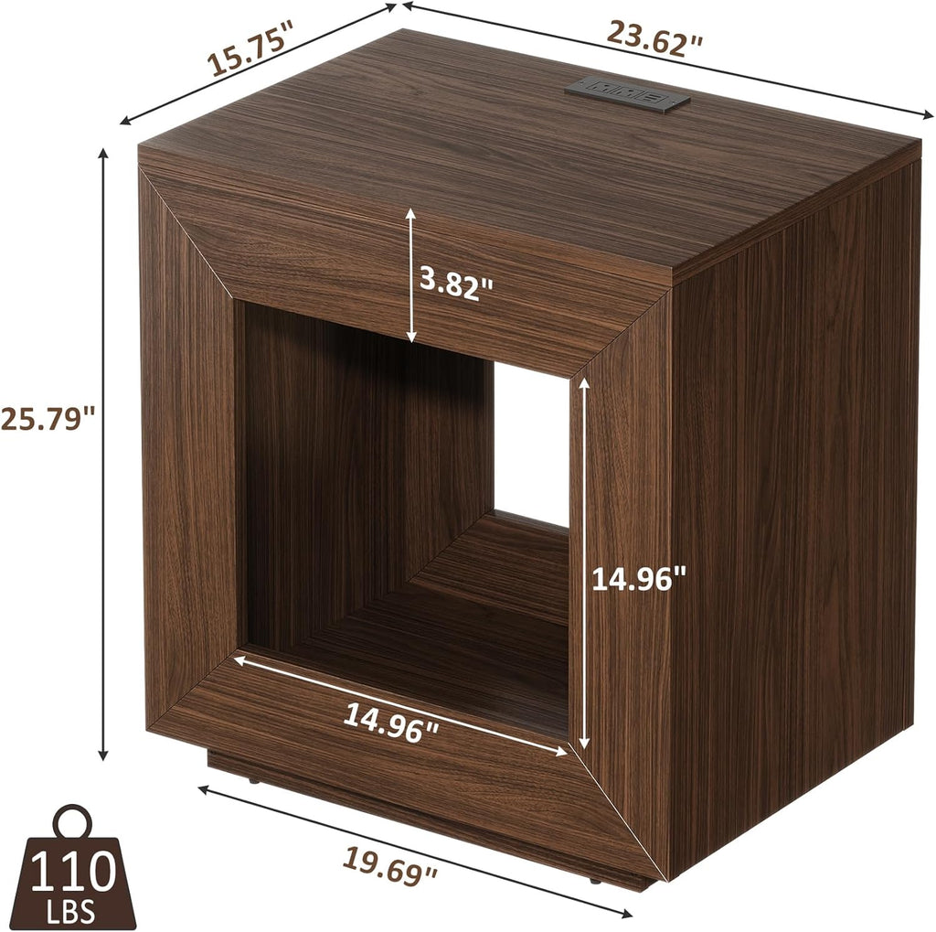 Rustic Wood End Table with Charging Station, 2 Tiered Side Table with Light Strip for Living Room, Entrance, Industrial Nightstand for Bedroom (Rustic Brown, 2pcs)