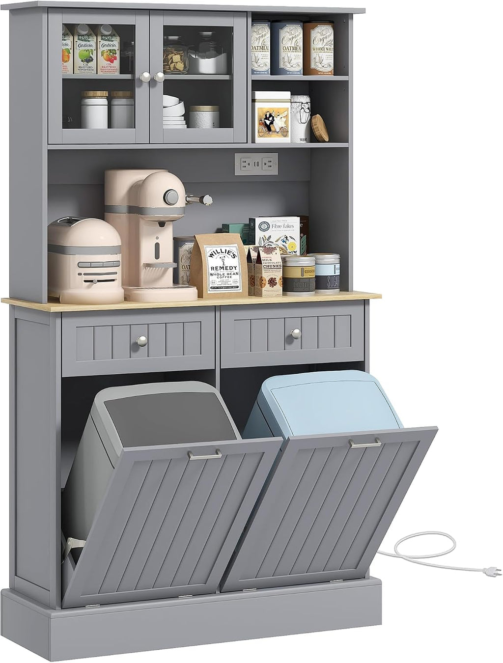 39.4" D*13.8" W*67.7" H Freestanding Kitchen Pantry with 2 Drawers, 2 Shelves, Top French Door & Lower Double Door, Rectangular Storage Cabinet, for Living Room, Dining Room, Gray