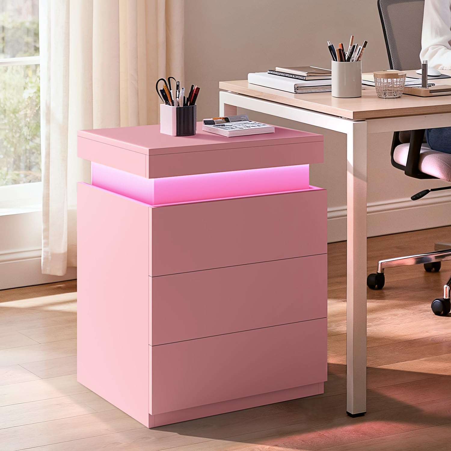 ADORNEVE Pink Nightstand with Charging Station and LED Lights | Night Stand with Sliding Top,Bedside Table with Drawers,Modern End Side Table for Bedroom