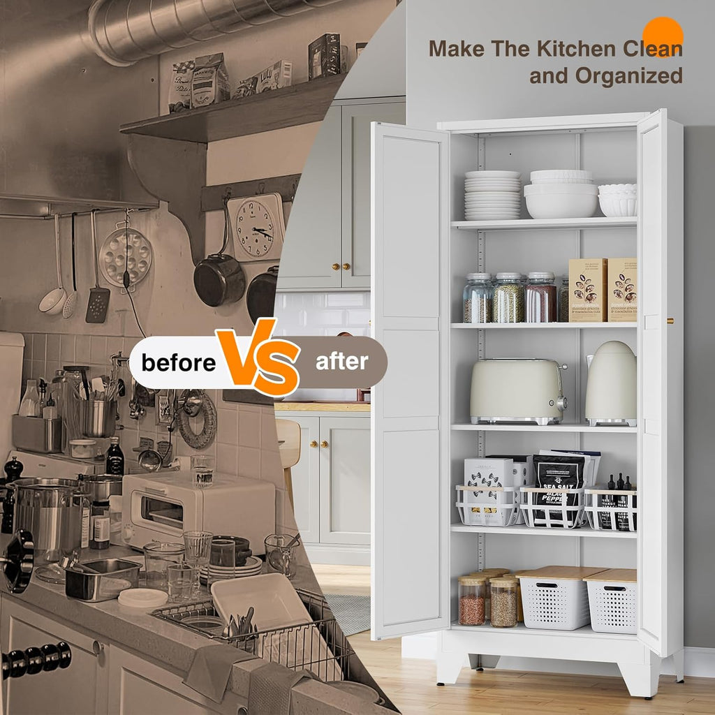 Metal Pantry Cabinet 75" with 2 Doors and 4 Adjustable Shelves, Freestanding Kitchen Cupboard Storage Cabinet for Dining Room, Living Room or Bathroom, White