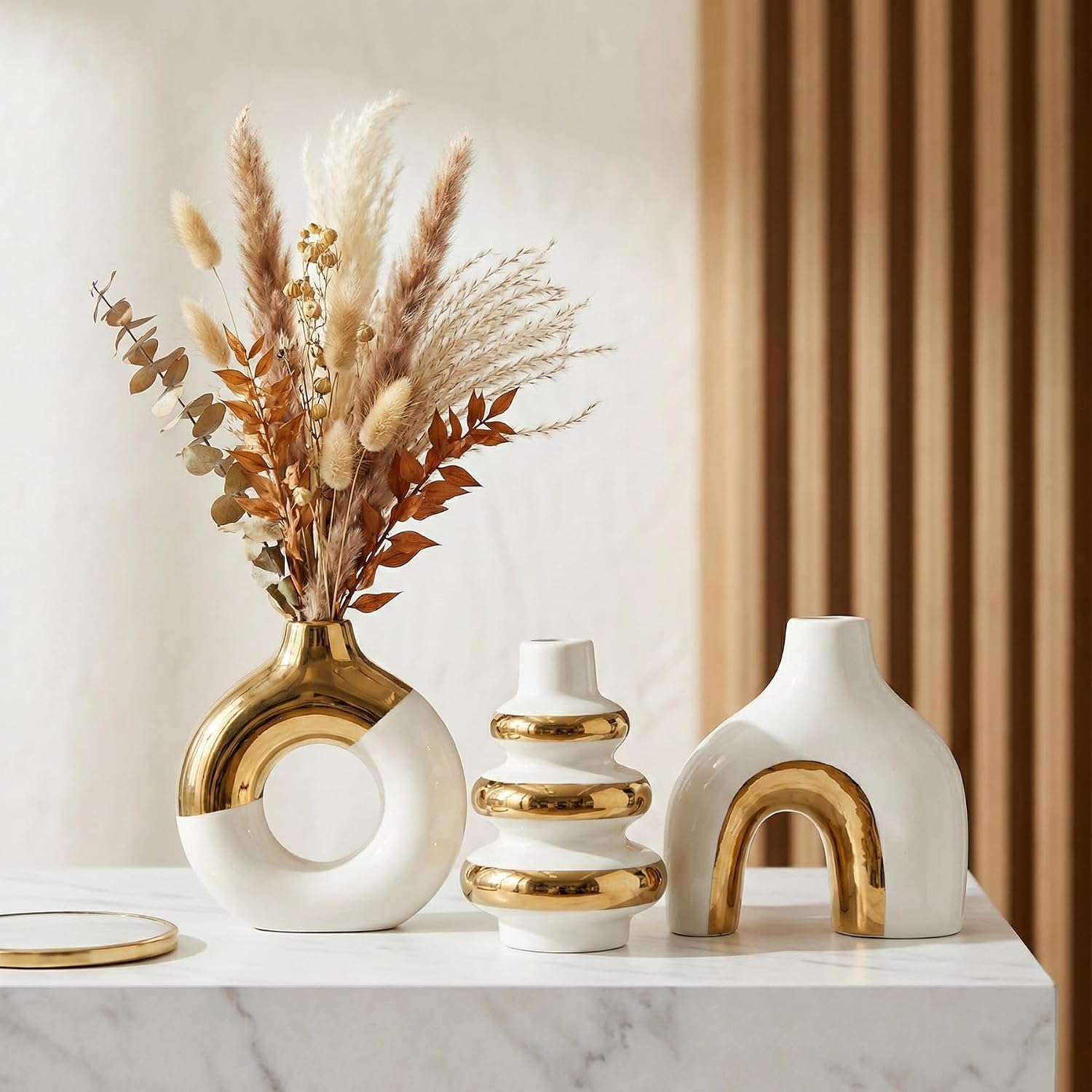 Modern Ceramic Decorative Vase Set of 3 – Minimalist Sculptural Vases for Living Room, Shelf & Table Decor, Nordic Donut Vase Set for Contemporary Home Decor (White and Gold)