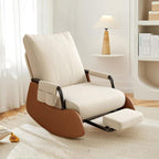 Rocking Chair Nursery with Foot Rest, Comfortable Upholstered Recliner Rocker with Side Pocket and Adjustable High Backrest, Soft Corduroy Modren Rocking Chair Living Room Bedroom, Beige