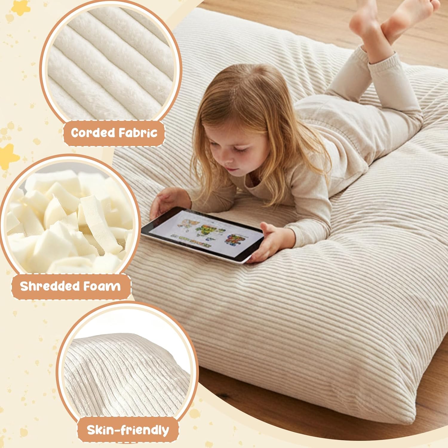 3 in 1 Kids Bean Bag Chair Bed – Foldable Bean Bag to Lounger & Floor Mattress, High-Density Foam Filling Bean Bag, Child Floor Sofa for Reading, Sleeping, Gaming & Relaxation,Beige