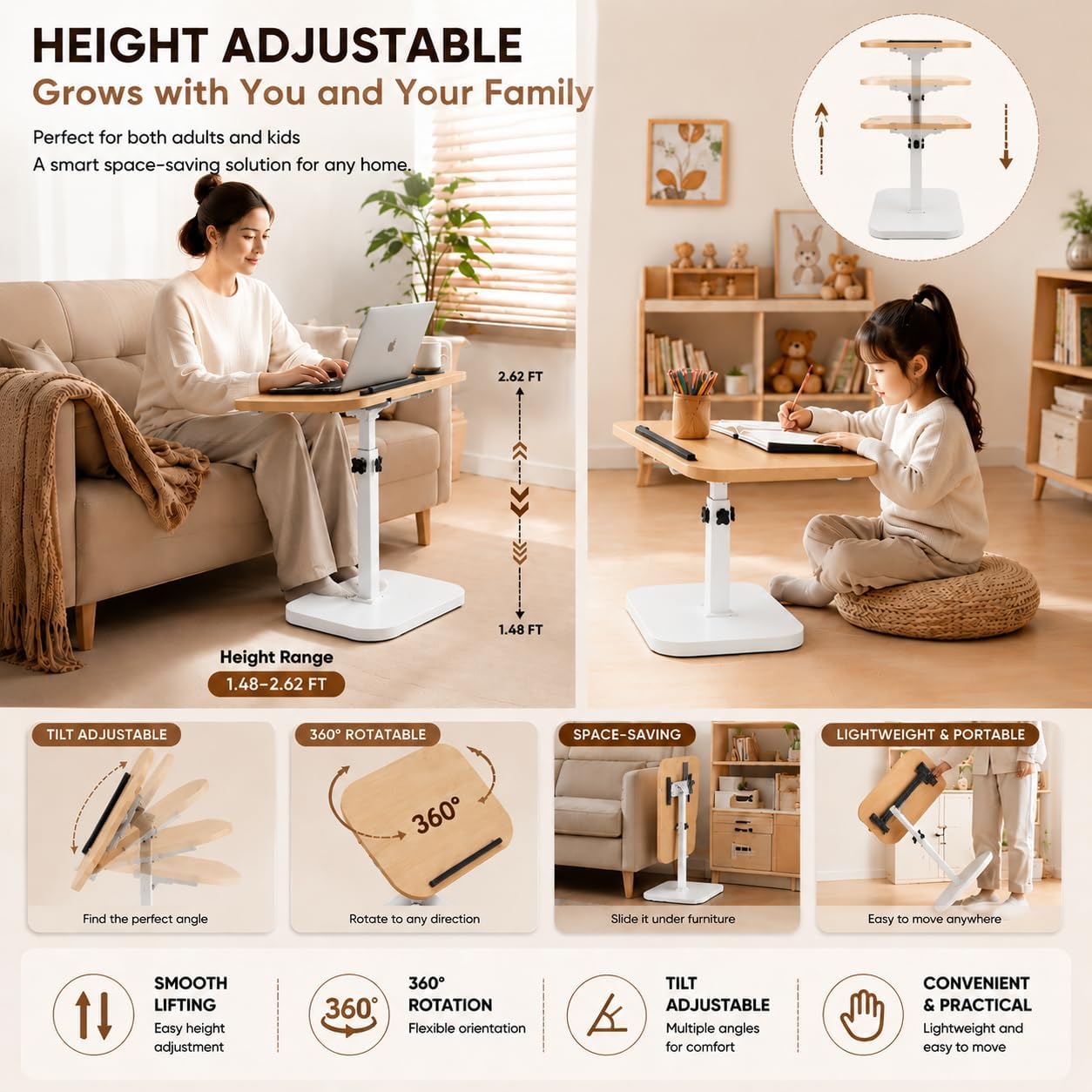 Adjustable C Table End Table, Height Adjustable 360° Swivel TV Tray Table for Small Spaces, Sofa Bedside Laptop Side Table that Slides Under Couch, Living Room & Bedroom (Natural Wood/White)