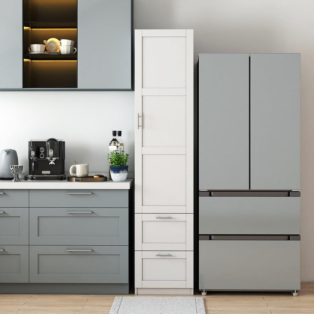 KEIKI Kitchen Pantry Storage Cabinet with Multi-Tier Shelf & Drawers, Spice Rack Next to Fridge, Freestanding Wood Cabinet Hutch Food Pantries Cupboard for Dining Room, Narrow Spaces
