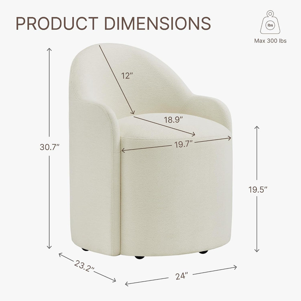 KISLOT Upholstered Dining Chairs with Casters, No Assembly Modern Dining Room Chairs Accent Vanity Chair with 5 Wheels & Round Backrest for Bedroom, Living Room, Dressing, Linen Fabric, Set of 1