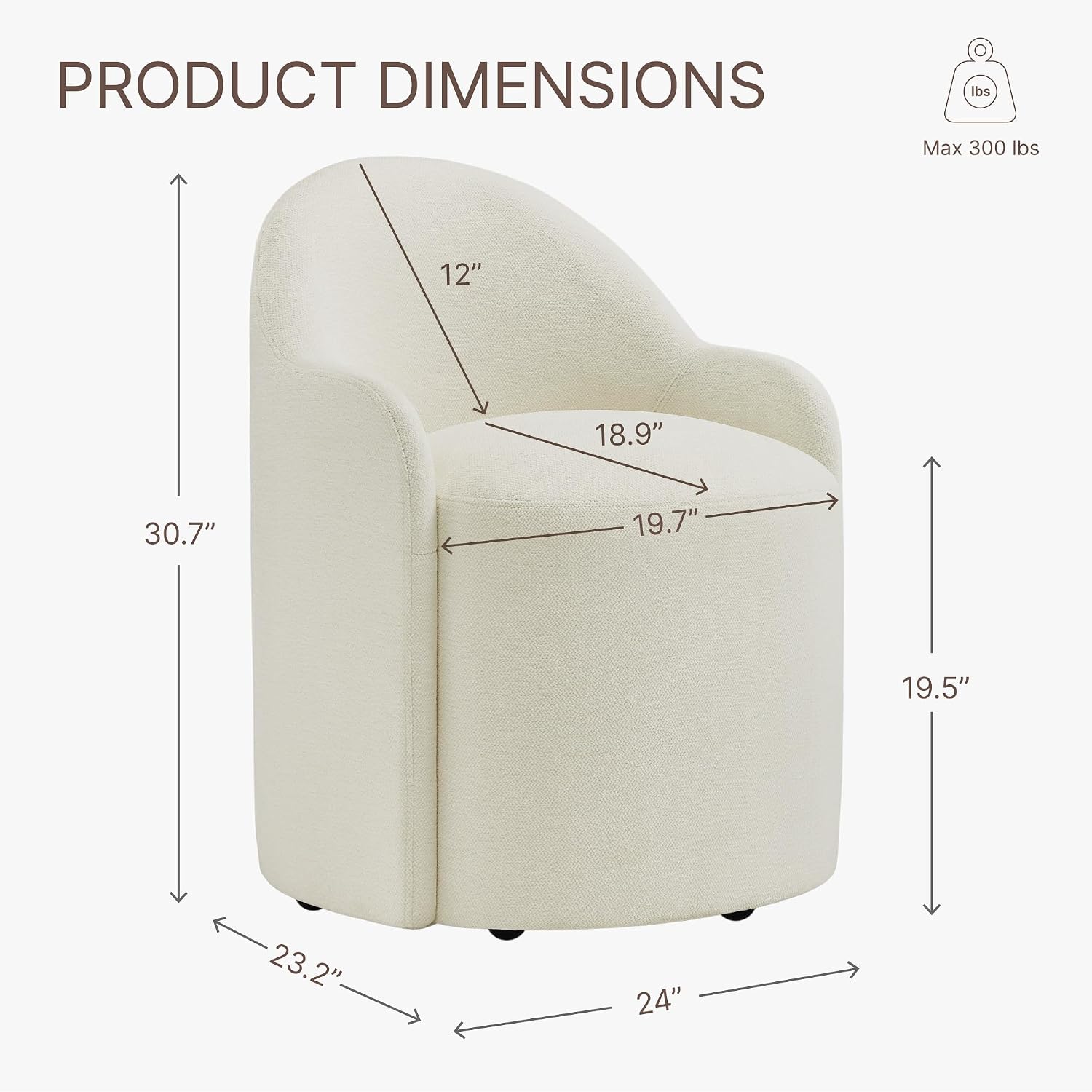 KISLOT Upholstered Dining Chairs with Casters, No Assembly Modern Dining Room Chairs Accent Vanity Chair with 5 Wheels & Round Backrest for Bedroom, Living Room, Dressing, Linen Fabric, Set of 1