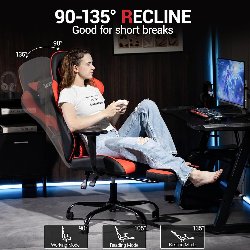 Gaming Chair with Footrest, Ergonomic PC Desk Chair with Headrest and Massage Lumbar Support, Video Game Chair with Height Adjustable High Back for Home Office, PU Leather, Red