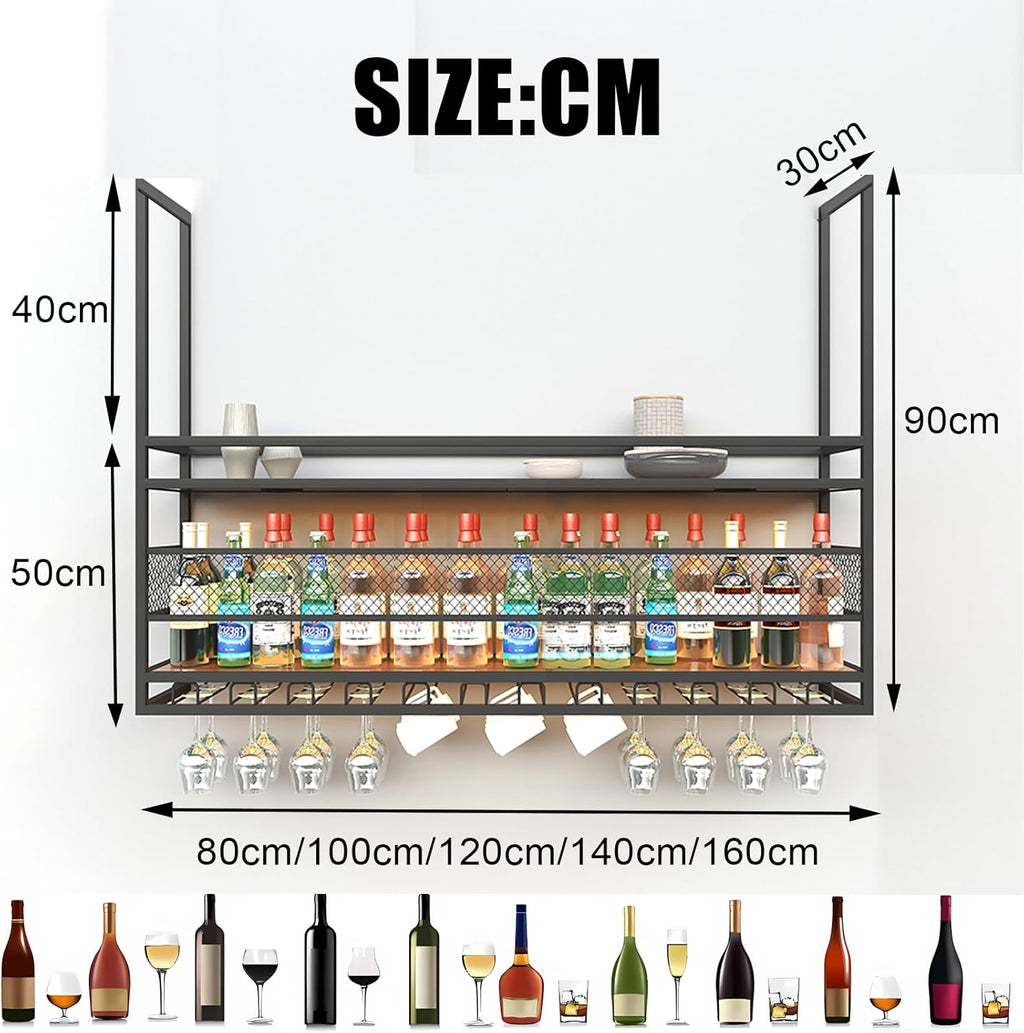 31.5in Ceiling Wine Glass Rack, 2-Tier Wooden Hanging Wine Rack, Industrial Black Metal Hanging Wine Storage Holder, with Glass Holder for Restaurant, Bar (BLACK, 31.5 * 11.8 * 35.4INCH)