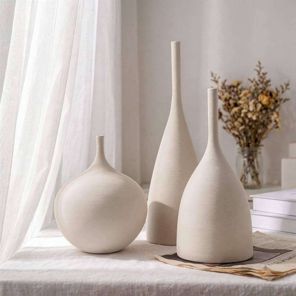 Relexome Ceramic Vase Set of 3 Neutral Vases Home Decor Modern Minimalist Decorative Vase Matte Ribbed Vases for Centerpieces Living Room Shelf Entryway Table Decor Beige