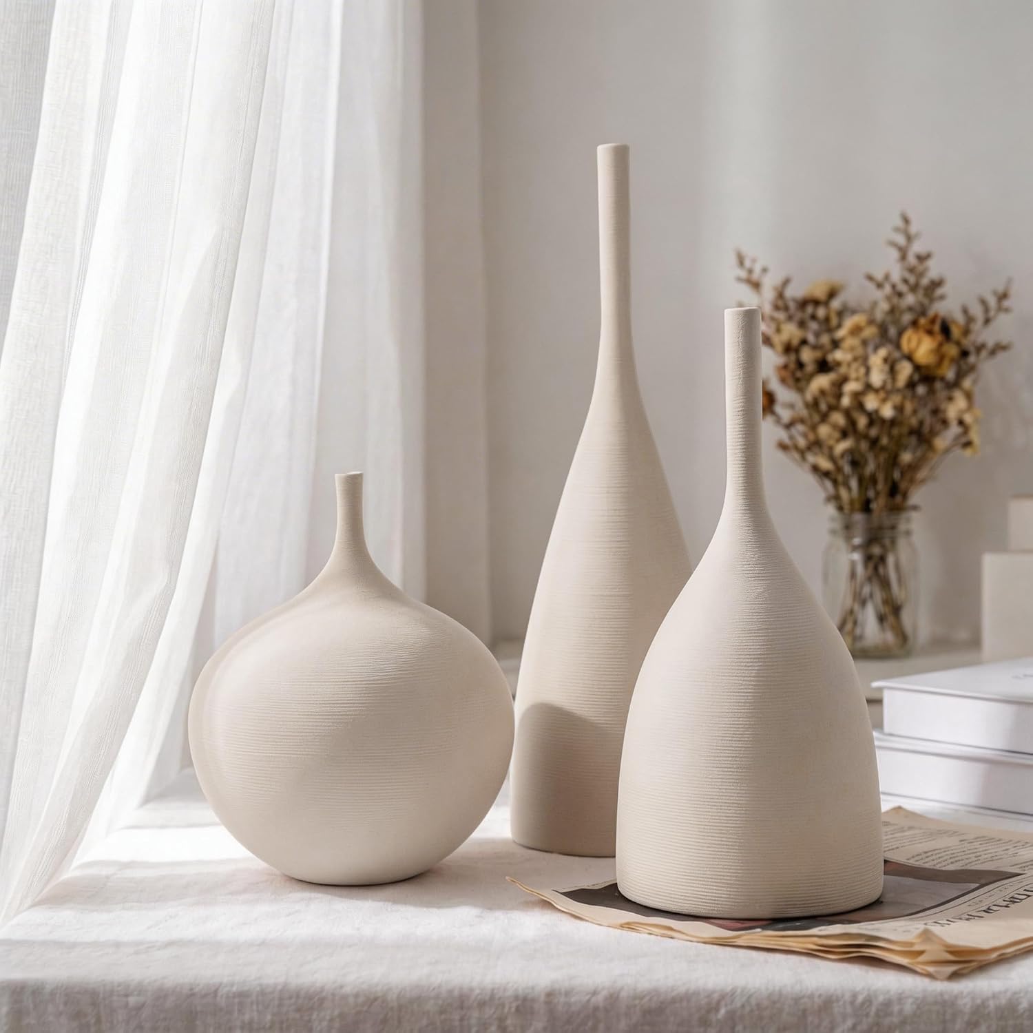 Relexome Ceramic Vase Set of 3 Neutral Vases Home Decor Modern Minimalist Decorative Vase Matte Ribbed Vases for Centerpieces Living Room Shelf Entryway Table Decor Beige