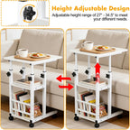 Adjustable C Table,Over Bed Table with Wheels,Rolling Side Table, Over Bed Table with Wheels, Bedside Table, for Sofa Side Small Space, Stable Multi Storage Desk (White)