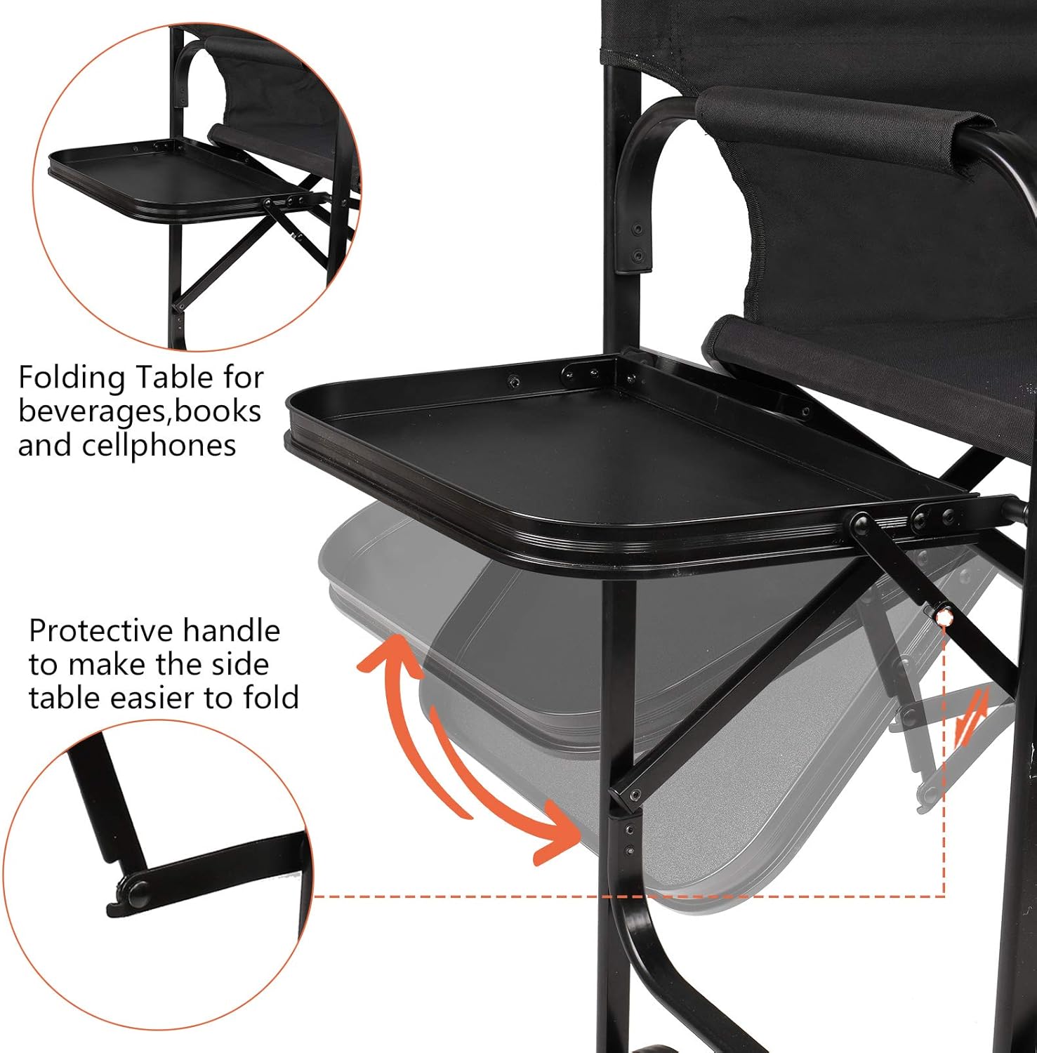 mefeir 30" Tall Directors Chair Black Folding with Side Table Storage Bag,Portable Makeup Artist Bar Height, Aluminum Frame 300 lbs Capacity, 19.2" D x 23.6" W x 45.6" H