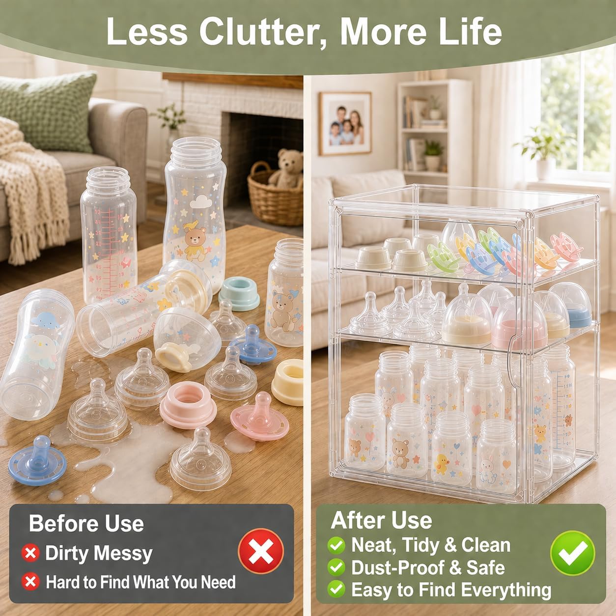Baby Bottle Storage Organizer for Countertop, Large Clear Bottle Organizer, Baby Bottle Storage Organizer for Bottles, Nipples, Pump Parts, Cabinet, Kitchen Pantry