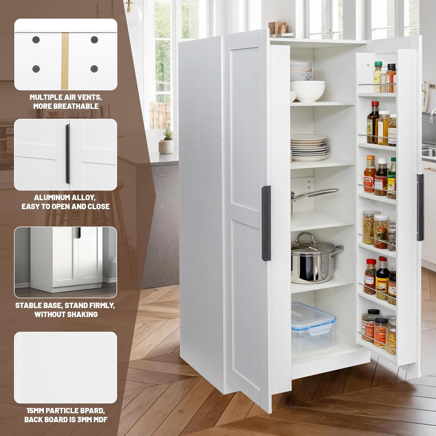 62.99''White Kitchen Pantry Cabinet Tall Freestanding Pantry Storage Cabinet with Doors and Shelves Buffet Cupboards Sideboard Tall Kitchen Pantry Storage Cabinets Food Pantry for Living Room