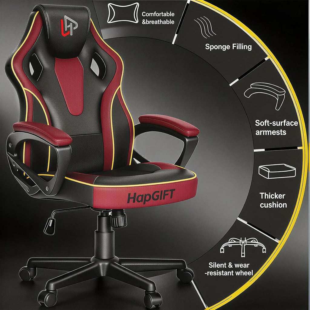 HapGIFT Computer Chair, Racing Style Gaming Chair with Link Armrest, Ergonomic PC Office Chairs for Adults Teens, Height Adjustable Video Game Chairs for Home, Swivel PC Chair, 300lbs (BLACK RED)