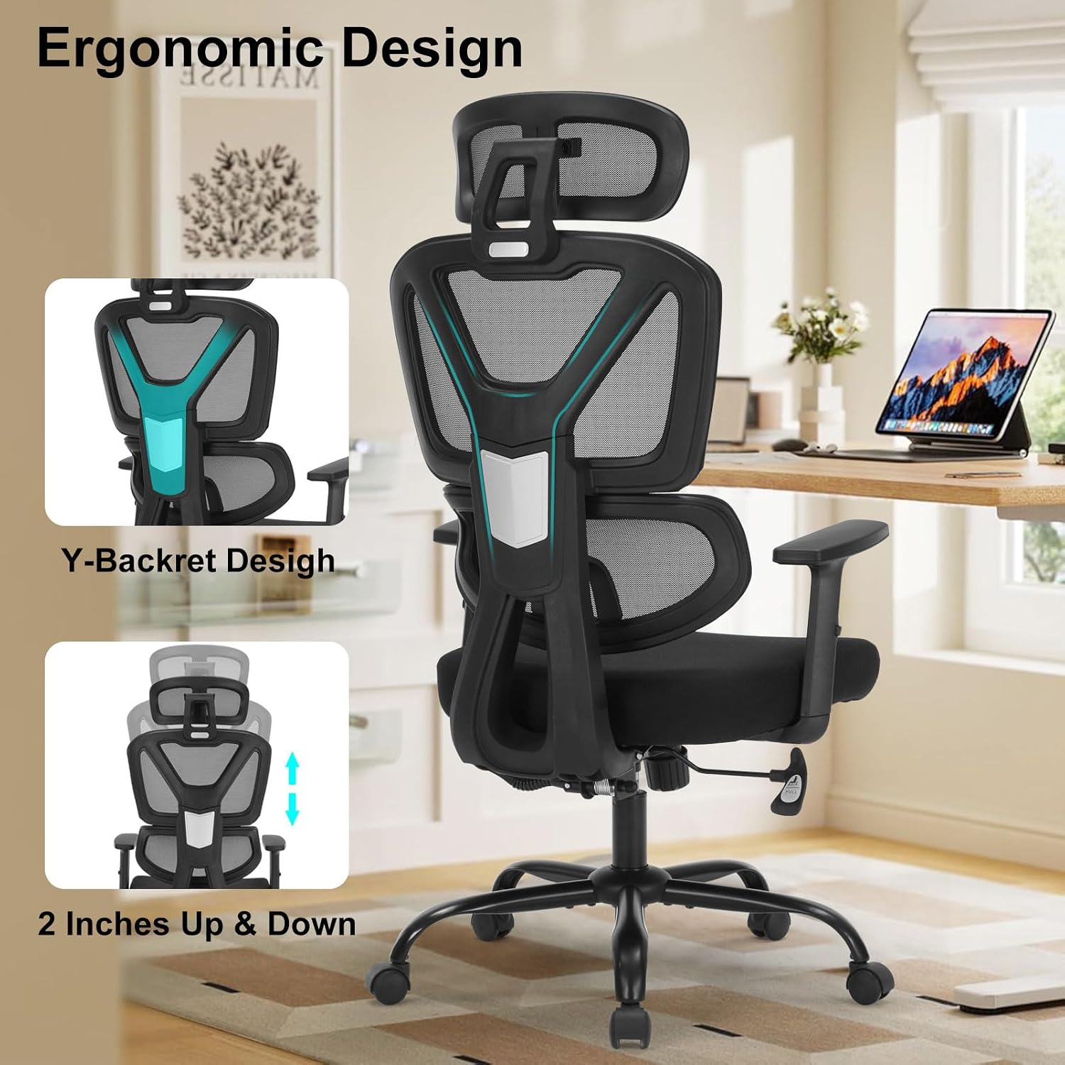 Ergonomic Office Chair, High Back Mesh Executive Desk Chair with Adjustable Height and Adjustable Armrests, Lumbar Support Swivel Task Computer Chair, 350LBS