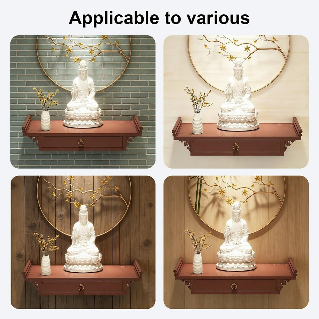 Wall-Mounted Shrine Altar, Prayer Meditation Table with Retractable Pull Plate, Buddha Shelf Statue Stand for Home, Office, Studio, Yoga(Red,15.7 * 9.1in)