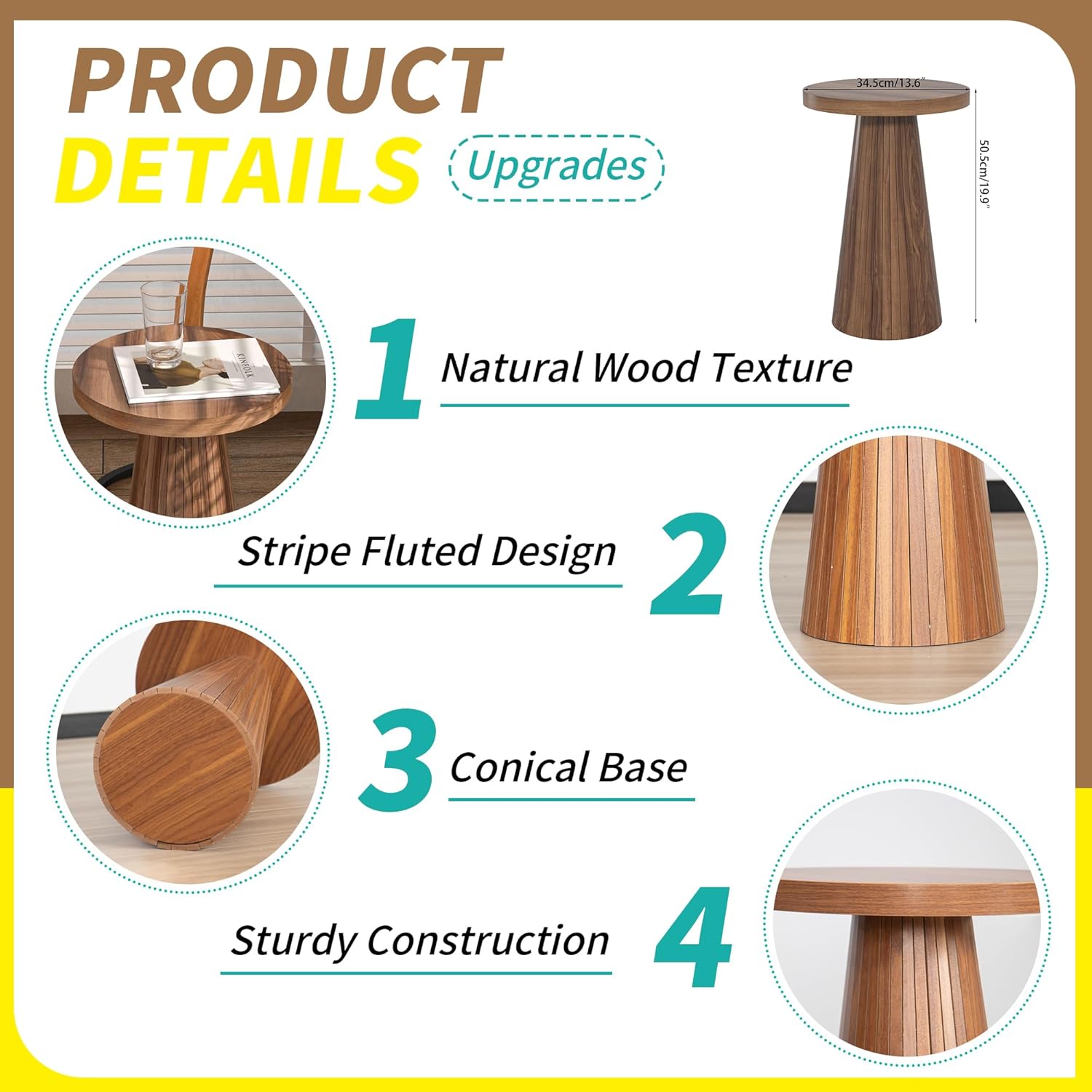 Small Round Pedestal Side Table, Wooden End Table for Living Room, Fluted Drink Table for Small Space, Modern Plant Stand Accent Table for Sofa Couch, 13.6 inch (Walnut)