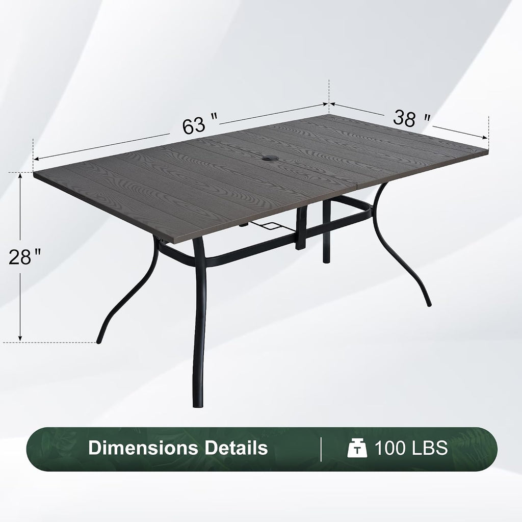 Patio Dining Table for 6,Large Rectangle Outdoor Table with Adjustable Umbrella Hole,63"x 38"x 28",Brown