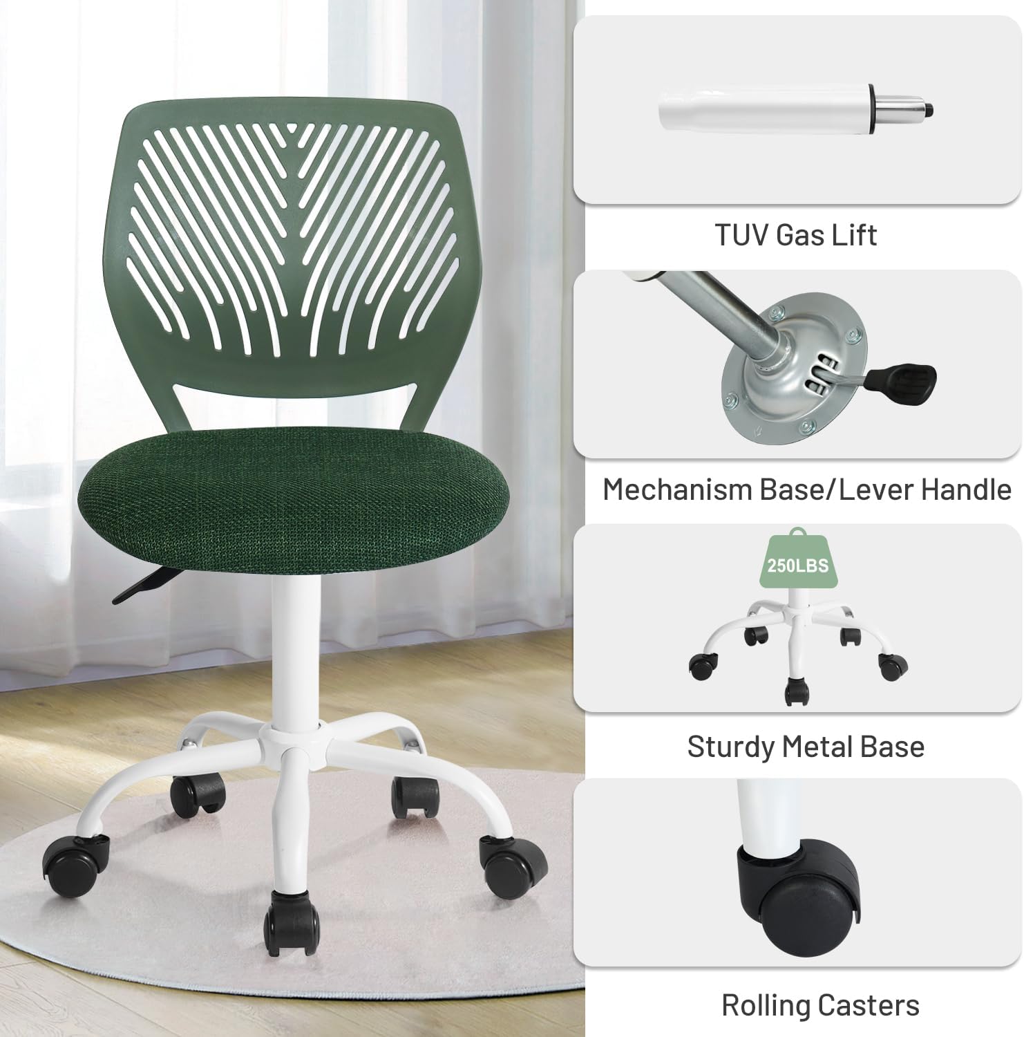 FurnitureR Kids Swivel Desk Chair, Height-Adjustable Armless Study Chair with Fabric Cushion & Ventilated Backrest, Smooth-Rolling Task Chair for Children & Teens, Perfect, Green