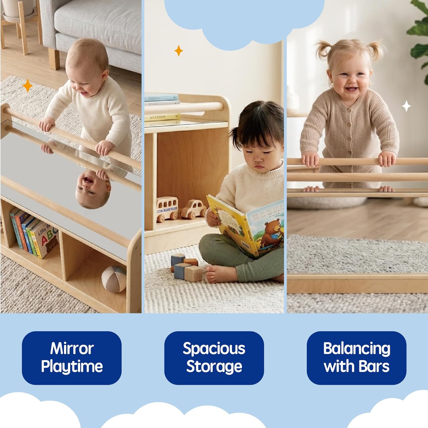 Montessori Shelf with Activity Top and Mirror, Birch Plywood Toy Storage Cabinet, Wooden Toddler Tummy Time Furniture for Home, Daycare Cubbies, Preschool, Playroom, Nursery, Kindergarten
